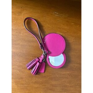 Coach Pink Leather Tassel Bag Charm Round Compact Mirror Keychain Silver Hardwar